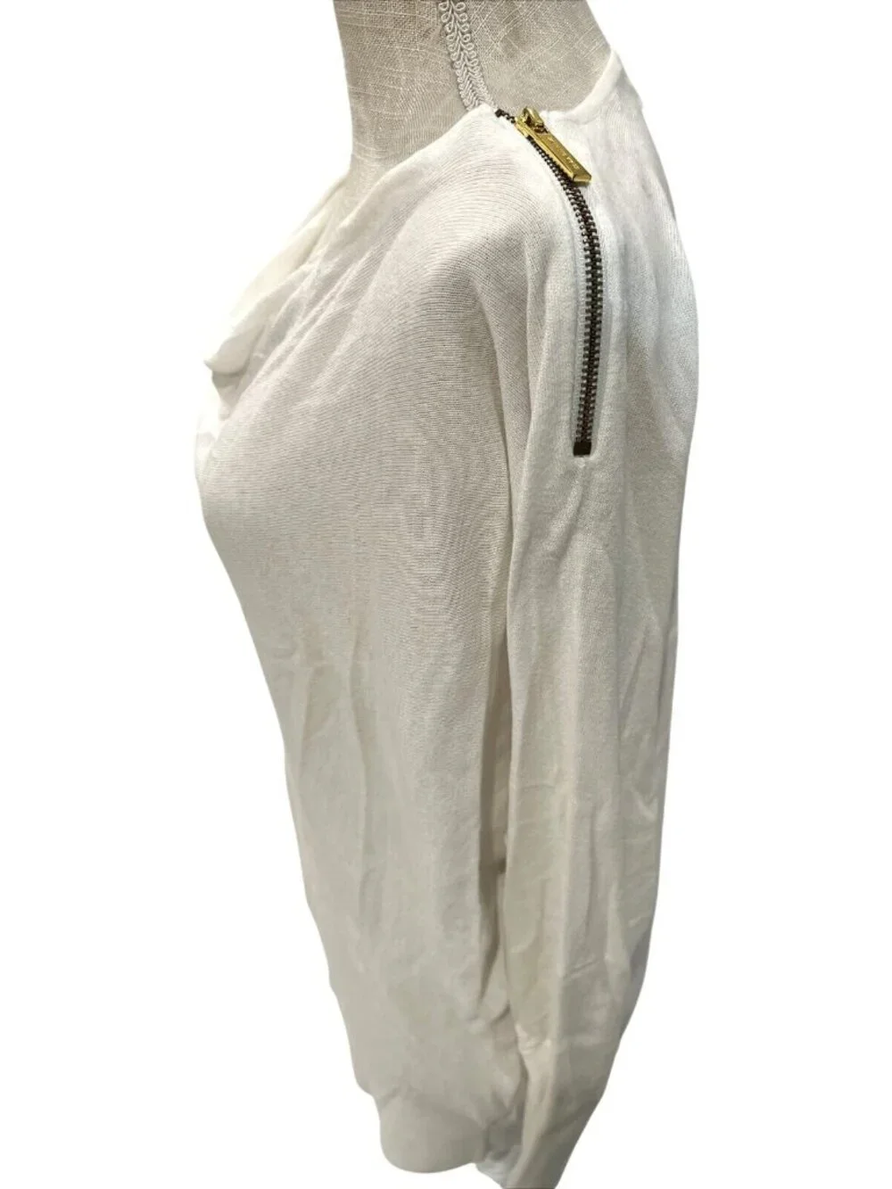 Michael Kors White Cowl Neck Sweater With Gold Zipper Accents Size M